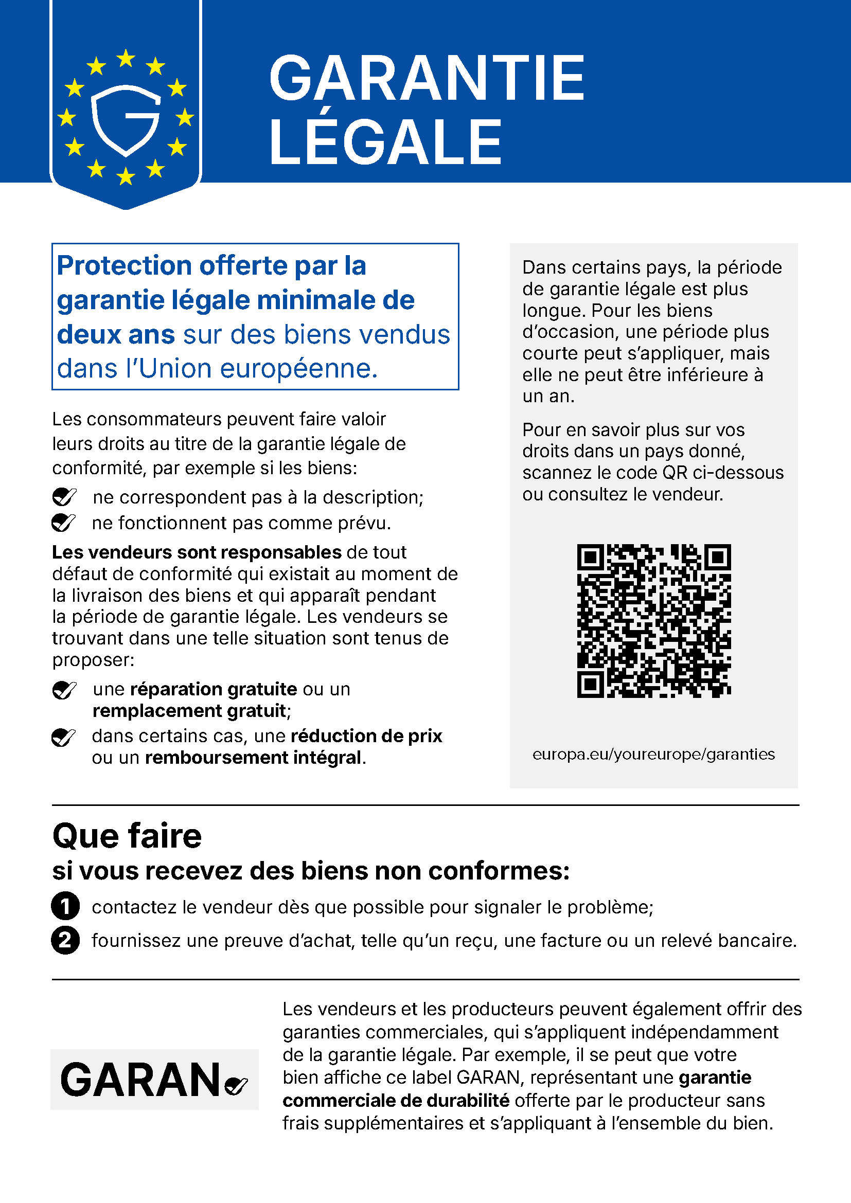 European Union harmonised notice on the legal guarantee of conformity